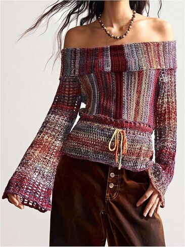 WDIRARA Women's Crochet Off The Shoulder Sweater Striped Hollow Out Long Bell Sleeve Pullover Knit Tops in Saudi Arabia