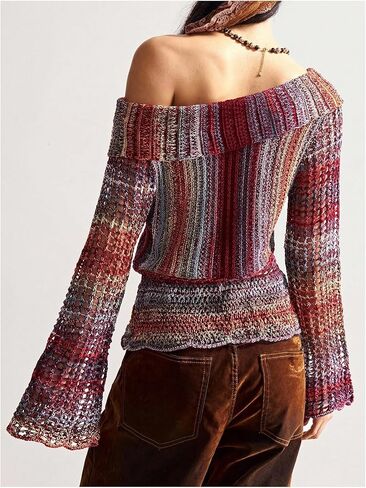 WDIRARA Women's Crochet Off The Shoulder Sweater Striped Hollow Out Long Bell Sleeve Pullover Knit Tops in Saudi Arabia