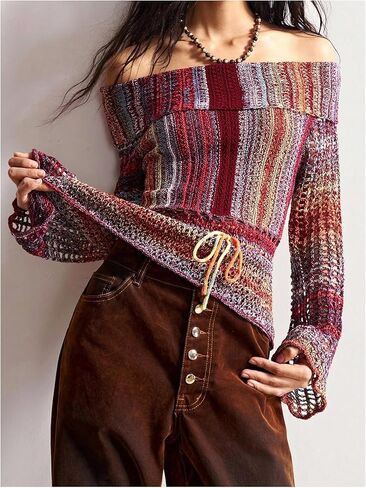 WDIRARA Women's Crochet Off The Shoulder Sweater Striped Hollow Out Long Bell Sleeve Pullover Knit Tops in Saudi Arabia