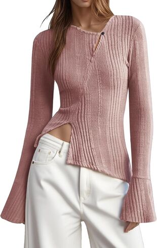 Bell Sleeve Tops for Women, Fall Sweater Stylish Diagonal Buttons Flared Sleeves Side Slit Slim Fit Pullover in Kuwait