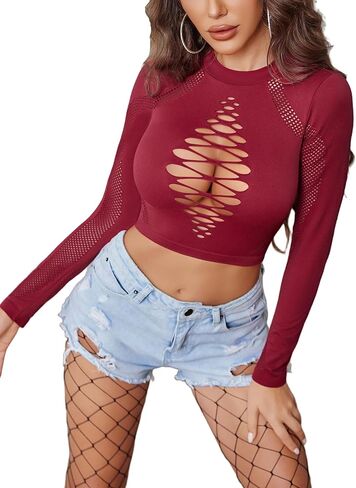 Avidlove Women's Long Sleeve Fishnet Top Sexy Cut Out Crop Short Hollow Out Top in Saudi Arabia