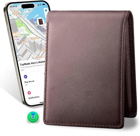 محفظة جلدية أصلية للرجال مع جهاز تعقب ذكي يعمل مع خاصية Find My App RFID، تصميم ثنائي الطي يحمل 13 بطاقة وجيب للعملات المعدنية ونافذة لبطاقة الهوية (بني) in Kuwait
