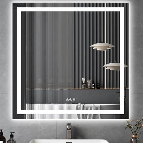 مرآة حمام LED مع أضواء، مرآة LED بإضاءة أمامية وخلفية مقاس 36 × 36 بوصة للحمام، 3 ألوان قابلة للتعتيم، إزالة الضباب، وظيفة الذاكرة، مقاومة للكسر، زجاج مقسى، أفقي/عمودي، مدرج في قائمة UL in Kuwait