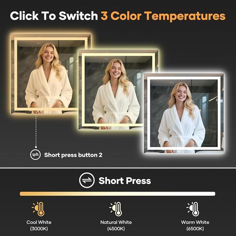 مرآة حمام LED مع أضواء، مرآة LED بإضاءة أمامية وخلفية مقاس 36 × 36 بوصة للحمام، 3 ألوان قابلة للتعتيم، إزالة الضباب، وظيفة الذاكرة، مقاومة للكسر، زجاج مقسى، أفقي/عمودي، مدرج في قائمة UL in Kuwait
