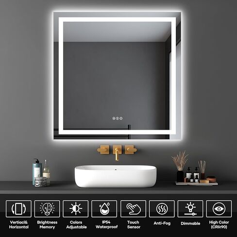 مرآة حمام LED مع أضواء، مرآة LED بإضاءة أمامية وخلفية مقاس 36 × 36 بوصة للحمام، 3 ألوان قابلة للتعتيم، إزالة الضباب، وظيفة الذاكرة، مقاومة للكسر، زجاج مقسى، أفقي/عمودي، مدرج في قائمة UL in Kuwait