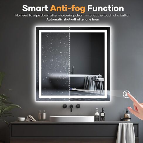 مرآة حمام LED مع أضواء، مرآة LED بإضاءة أمامية وخلفية مقاس 36 × 36 بوصة للحمام، 3 ألوان قابلة للتعتيم، إزالة الضباب، وظيفة الذاكرة، مقاومة للكسر، زجاج مقسى، أفقي/عمودي، مدرج في قائمة UL in Kuwait