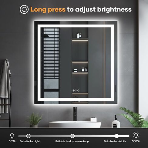 مرآة حمام LED مع أضواء، مرآة LED بإضاءة أمامية وخلفية مقاس 36 × 36 بوصة للحمام، 3 ألوان قابلة للتعتيم، إزالة الضباب، وظيفة الذاكرة، مقاومة للكسر، زجاج مقسى، أفقي/عمودي، مدرج في قائمة UL in Kuwait