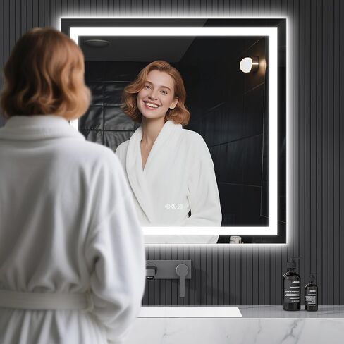 مرآة حمام LED مع أضواء، مرآة LED بإضاءة أمامية وخلفية مقاس 36 × 36 بوصة للحمام، 3 ألوان قابلة للتعتيم، إزالة الضباب، وظيفة الذاكرة، مقاومة للكسر، زجاج مقسى، أفقي/عمودي، مدرج في قائمة UL in Kuwait