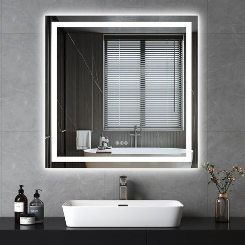 مرآة حمام LED مع أضواء، مرآة LED بإضاءة أمامية وخلفية مقاس 36 × 36 بوصة للحمام، 3 ألوان قابلة للتعتيم، إزالة الضباب، وظيفة الذاكرة، مقاومة للكسر، زجاج مقسى، أفقي/عمودي، مدرج في قائمة UL in Kuwait