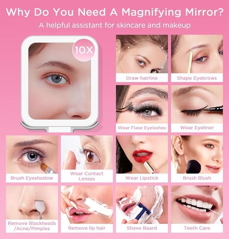 Travel Mirror with Lights, Magnifying Makeup Mirror 10X/1X Double Sided with 3 Color Lighting & Dimmable Touch Screen, Compact Handheld Cosmetic Vanity Mirror for Desktop Travel/Bathroom, Women Gifts in Saudi Arabia