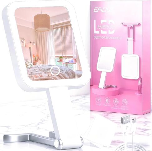 Travel Mirror with Lights, Magnifying Makeup Mirror 10X/1X Double Sided with 3 Color Lighting & Dimmable Touch Screen, Compact Handheld Cosmetic Vanity Mirror for Desktop Travel/Bathroom, Women Gifts in Saudi Arabia