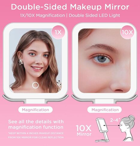 Travel Mirror with Lights, Magnifying Makeup Mirror 10X/1X Double Sided with 3 Color Lighting & Dimmable Touch Screen, Compact Handheld Cosmetic Vanity Mirror for Desktop Travel/Bathroom, Women Gifts in Saudi Arabia