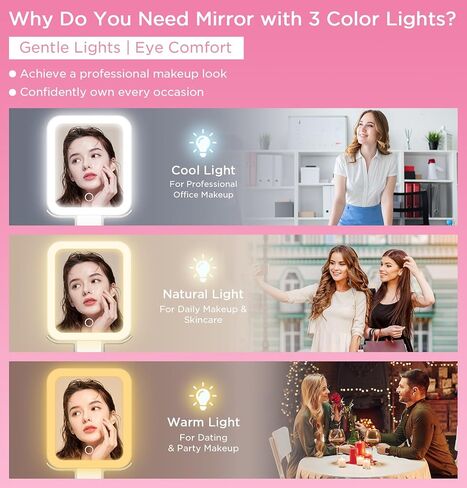 Travel Mirror with Lights, Magnifying Makeup Mirror 10X/1X Double Sided with 3 Color Lighting & Dimmable Touch Screen, Compact Handheld Cosmetic Vanity Mirror for Desktop Travel/Bathroom, Women Gifts in Saudi Arabia