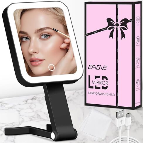 Travel Mirror with Lights, Magnifying Makeup Mirror 10X/1X Double Sided with 3 Color Lighting & Dimmable Touch Screen, Compact Handheld Cosmetic Vanity Mirror for Desktop Travel/Bathroom, Women Gifts in Kuwait
