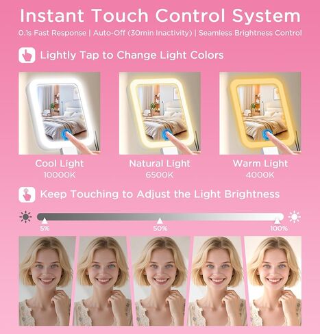Travel Mirror with Lights, Magnifying Makeup Mirror 10X/1X Double Sided with 3 Color Lighting & Dimmable Touch Screen, Compact Handheld Cosmetic Vanity Mirror for Desktop Travel/Bathroom, Women Gifts in Saudi Arabia