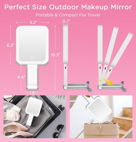 Travel Mirror with Lights, Magnifying Makeup Mirror 10X/1X Double Sided with 3 Color Lighting & Dimmable Touch Screen, Compact Handheld Cosmetic Vanity Mirror for Desktop Travel/Bathroom, Women Gifts in Saudi Arabia