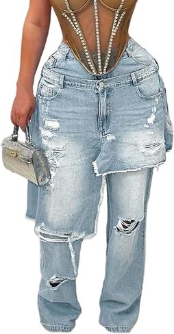 LKOUS Women's Ripped Baggy Jeans High Waist Wide Leg Patchwork Distressed Cutout Stretchy Denim Pants Streetwear in Saudi Arabia