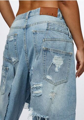LKOUS Women's Ripped Baggy Jeans High Waist Wide Leg Patchwork Distressed Cutout Stretchy Denim Pants Streetwear in Saudi Arabia