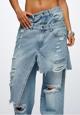 LKOUS Women's Ripped Baggy Jeans High Waist Wide Leg Patchwork Distressed Cutout Stretchy Denim Pants Streetwear in Saudi Arabia