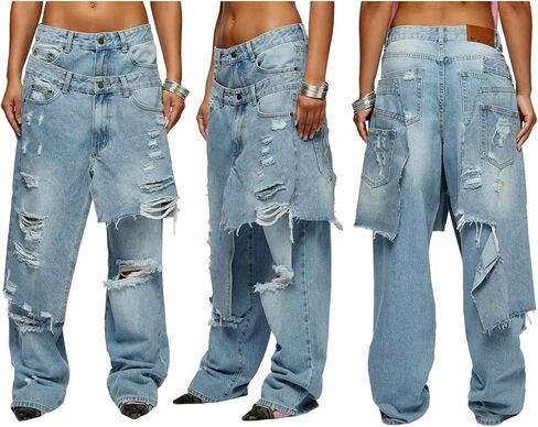 LKOUS Women's Ripped Baggy Jeans High Waist Wide Leg Patchwork Distressed Cutout Stretchy Denim Pants Streetwear in Saudi Arabia