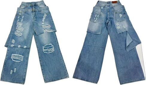 LKOUS Women's Ripped Baggy Jeans High Waist Wide Leg Patchwork Distressed Cutout Stretchy Denim Pants Streetwear in Saudi Arabia