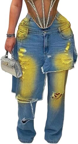 LKOUS Women's Ripped Baggy Jeans High Waist Wide Leg Patchwork Distressed Cutout Stretchy Denim Pants Streetwear in Saudi Arabia