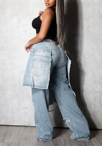 LKOUS Women's Ripped Baggy Jeans High Waist Wide Leg Patchwork Distressed Cutout Stretchy Denim Pants Streetwear in Saudi Arabia