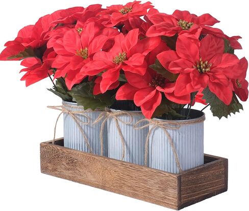 Poinsettia Flowers Artificial Christmas Decorations – 3 Pack Red Poinsettias in Galvanized Metal Pots with Wooden Box, Christmas Centerpiece Table Decorations for Home, Gifts & Office Party in Kuwait