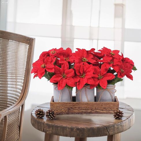 Poinsettia Flowers Artificial Christmas Decorations – 3 Pack Red Poinsettias in Galvanized Metal Pots with Wooden Box, Christmas Centerpiece Table Decorations for Home, Gifts & Office Party in Kuwait