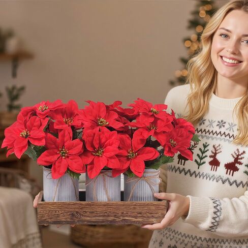 Poinsettia Flowers Artificial Christmas Decorations – 3 Pack Red Poinsettias in Galvanized Metal Pots with Wooden Box, Christmas Centerpiece Table Decorations for Home, Gifts & Office Party in Kuwait