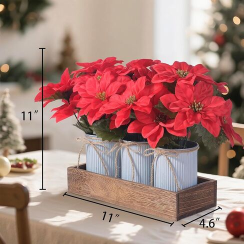 Poinsettia Flowers Artificial Christmas Decorations – 3 Pack Red Poinsettias in Galvanized Metal Pots with Wooden Box, Christmas Centerpiece Table Decorations for Home, Gifts & Office Party in Kuwait