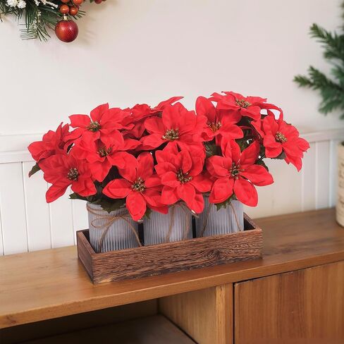 Poinsettia Flowers Artificial Christmas Decorations – 3 Pack Red Poinsettias in Galvanized Metal Pots with Wooden Box, Christmas Centerpiece Table Decorations for Home, Gifts & Office Party in Kuwait