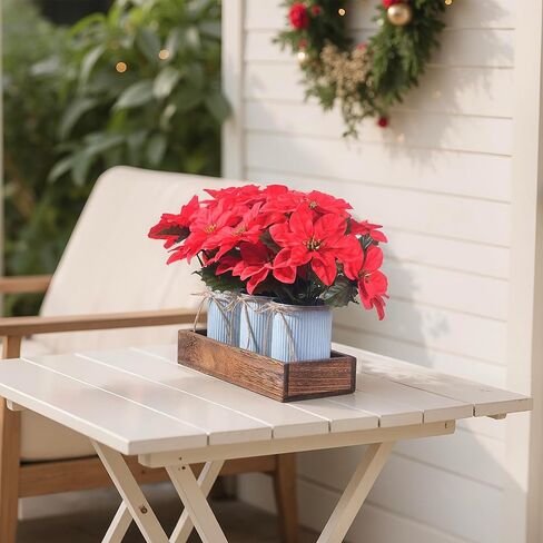 Poinsettia Flowers Artificial Christmas Decorations – 3 Pack Red Poinsettias in Galvanized Metal Pots with Wooden Box, Christmas Centerpiece Table Decorations for Home, Gifts & Office Party in Kuwait