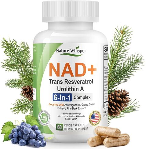 Nature Whisper® NAD+ مكملات ريسفيراترول، مركب 6 في 1 مع ترانس ريسفيراترول وأوروليثين أ، أشواغاندا، بذور العنب ومستخلص لحاء الصنوبر للطاقة الخلوية والشيخوخة الصحية - 60 كبسولة in Kuwait