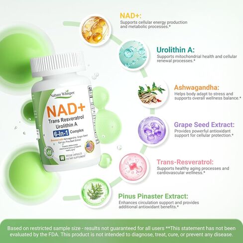 Nature Whisper® NAD+ مكملات ريسفيراترول، مركب 6 في 1 مع ترانس ريسفيراترول وأوروليثين أ، أشواغاندا، بذور العنب ومستخلص لحاء الصنوبر للطاقة الخلوية والشيخوخة الصحية - 60 كبسولة in Kuwait