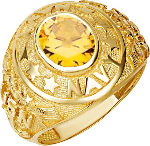 خاتم Claddagh Gold 14K من الذهب الأصفر الصلب للرجال مرخص من البحرية الأمريكية مع أحجار كريمة بيضاوية تم إنشاؤها في المعمل مع مقاسات متعددة للحلقات in Kuwait
