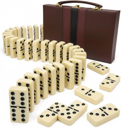 Jumbo Double Six Dominoes Set - 28 Black Classic Tiles in Faux Leather Case - Fun Educational Toy for Kids, Boys, Girls, Classroom Kit, Classic Game Night Party Favors Set, Travel-Friendly in Kuwait