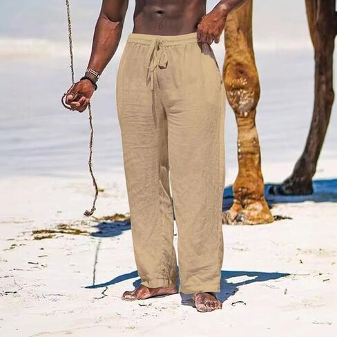 Mens Casual Pants Elastic Drawstring Waist Pant Summer Beach Baggy Yoga Wide Leg Pants with Pockets in Saudi Arabia