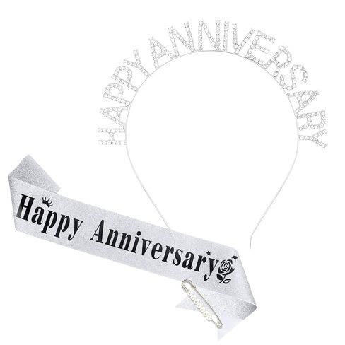 YARIEW Happy Anniversary Headband and Sash Set for Women and Girls, Rhinestone Headband and Silver Sash for Happy Anniversary Decorations Gifts for Women in Kuwait