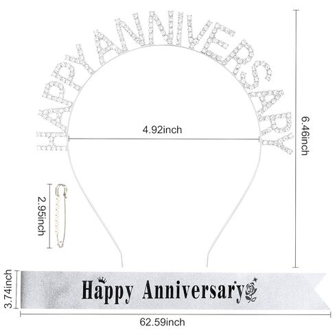 YARIEW Happy Anniversary Headband and Sash Set for Women and Girls, Rhinestone Headband and Silver Sash for Happy Anniversary Decorations Gifts for Women in Kuwait