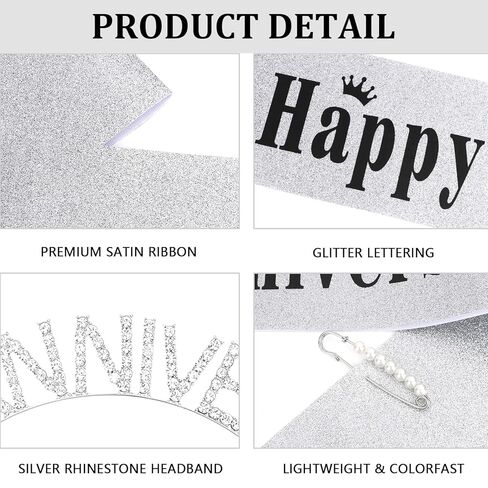 YARIEW Happy Anniversary Headband and Sash Set for Women and Girls, Rhinestone Headband and Silver Sash for Happy Anniversary Decorations Gifts for Women in Kuwait