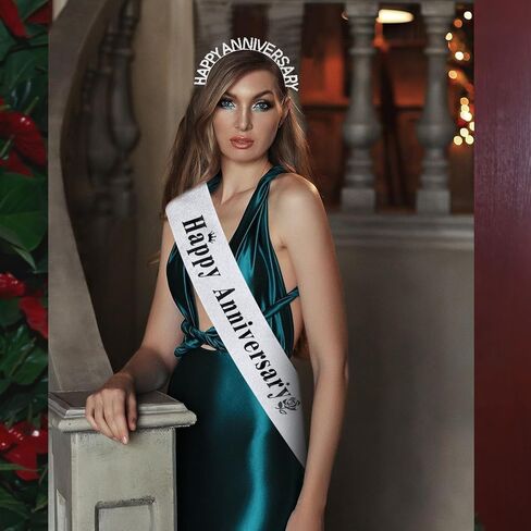 YARIEW Happy Anniversary Headband and Sash Set for Women and Girls, Rhinestone Headband and Silver Sash for Happy Anniversary Decorations Gifts for Women in Kuwait