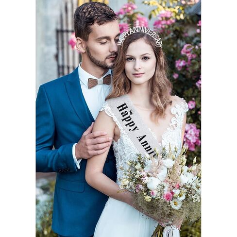 YARIEW Happy Anniversary Headband and Sash Set for Women and Girls, Rhinestone Headband and Silver Sash for Happy Anniversary Decorations Gifts for Women in Kuwait