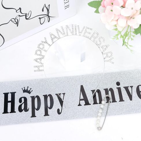 YARIEW Happy Anniversary Headband and Sash Set for Women and Girls, Rhinestone Headband and Silver Sash for Happy Anniversary Decorations Gifts for Women in Kuwait