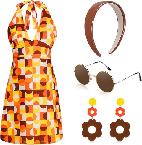 SATINIOR 4 Pcs 60s 70s Women's Hippie Costume Retro Disco Outfit Groovy Earring Headband Dress Sunglasses for Halloween Party in Saudi Arabia