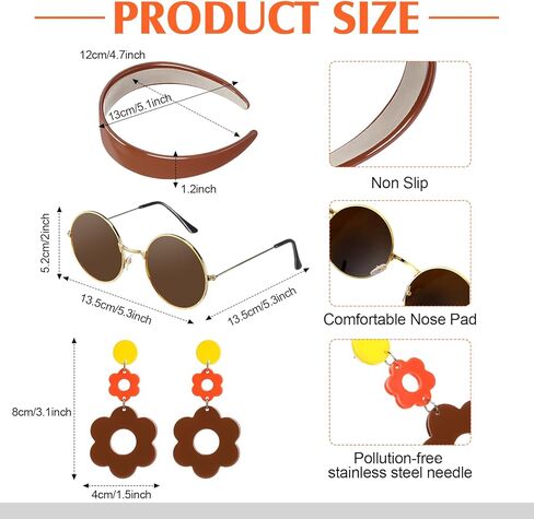 SATINIOR 4 Pcs 60s 70s Women's Hippie Costume Retro Disco Outfit Groovy Earring Headband Dress Sunglasses for Halloween Party in Saudi Arabia