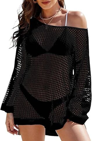 Beach Cover Ups For Women Sleeve Crochet Cover Up Bathing Suit Mesh Swimwear Knit Pullover Beach Dress Vacation Outfits in Saudi Arabia