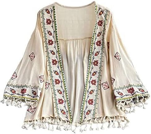 سترة نسائية بوهيمية كيمونو مطرزة بشراشيب ومطبوعة فضفاضة للشاطئ معطف برقبة على شكل حرف V in Kuwait