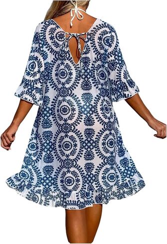 MakeMeChic Women's Beach Swimsuit Cover Up Dress Tropical Floral V Neck Half Sleeve Loose Fit Ruffled Summer Short Dresses in Saudi Arabia