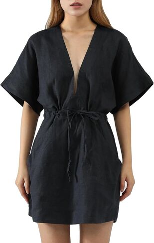Women's Swimsuit Cover Up 100% Linen Robe for Women Beachwear Sleeveless V Neck Lounge Dress in Saudi Arabia
